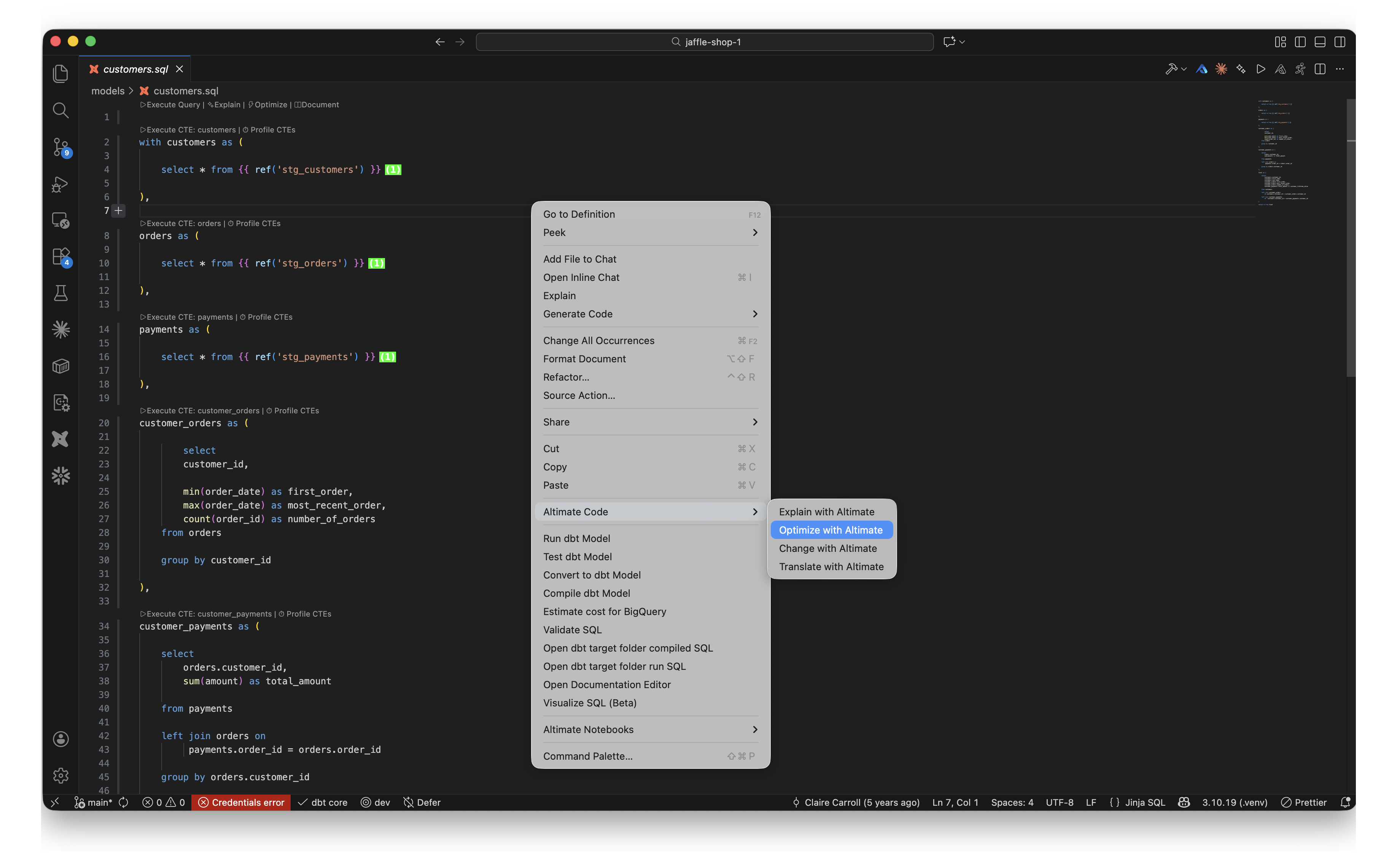 Right-click Altimate Code → Optimize