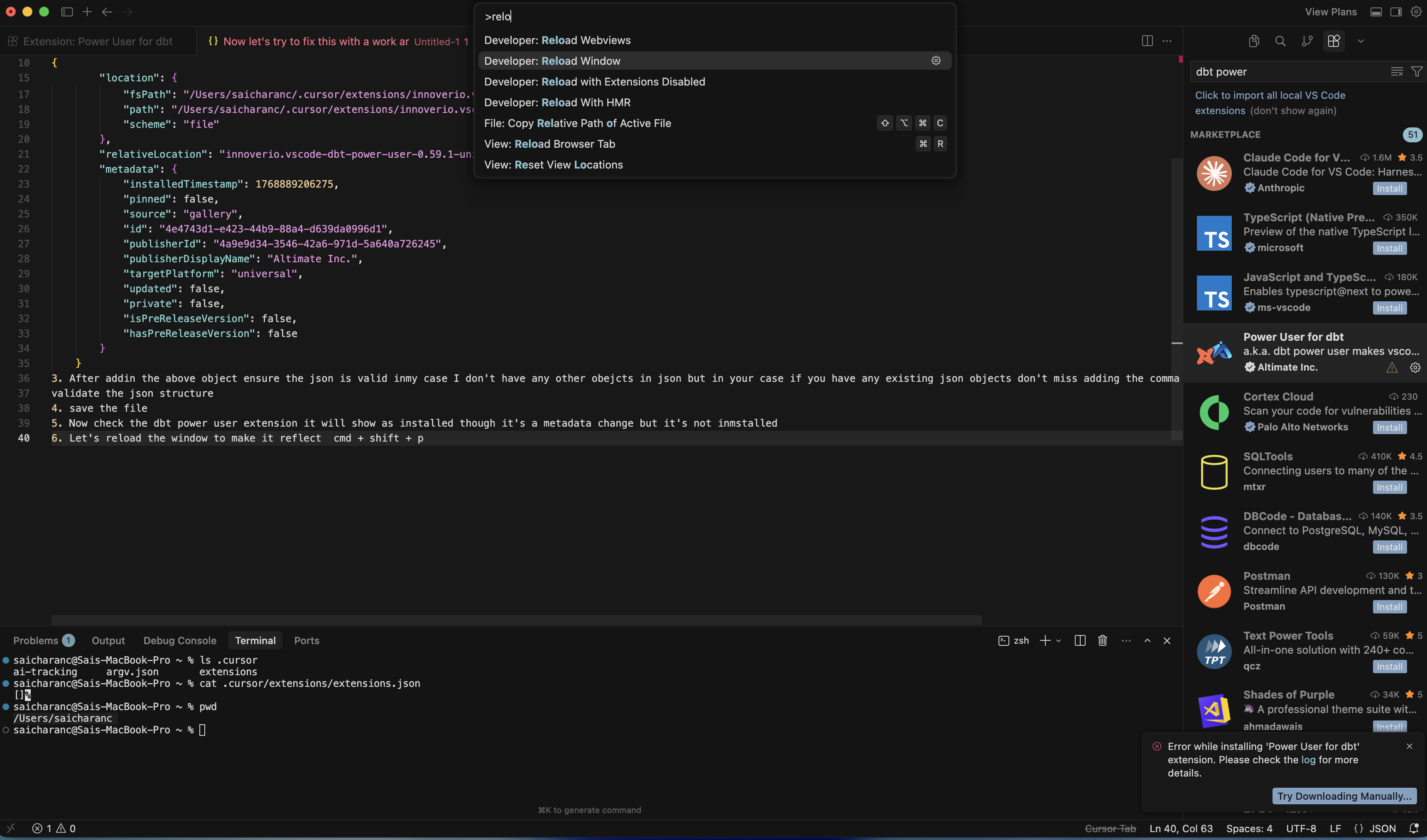 Extension page showing error